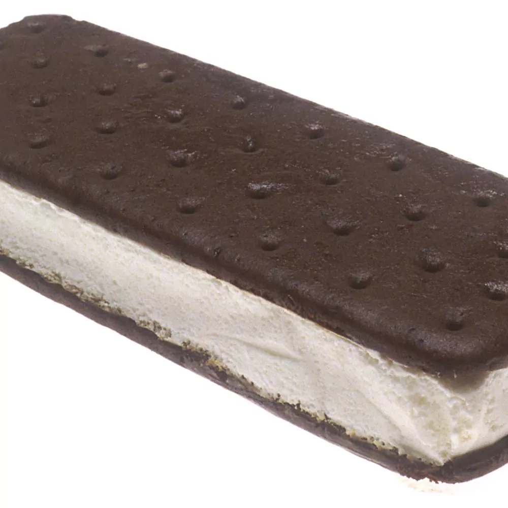 A vanilla ice cream sandwich between two chocolate wafers, on white